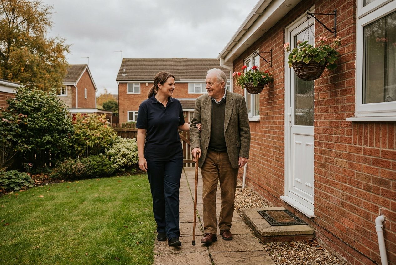 An MKJ carer walking along a garden path with an older man who uses a walking stick, her hand lightly at his elbow, both talking